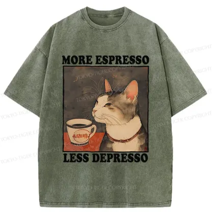 Tokyo-Tiger Cute Cat Drinking Coffee Washed T-Shirt
