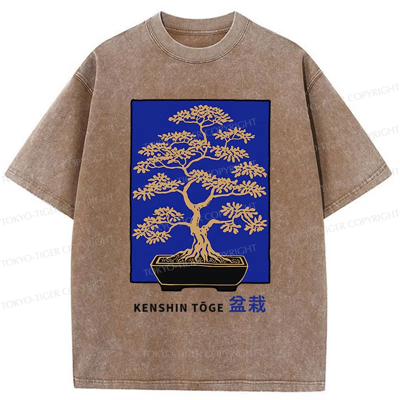 Tokyo-Tiger Japanese Bonsai Woodcut Washed T-Shirt