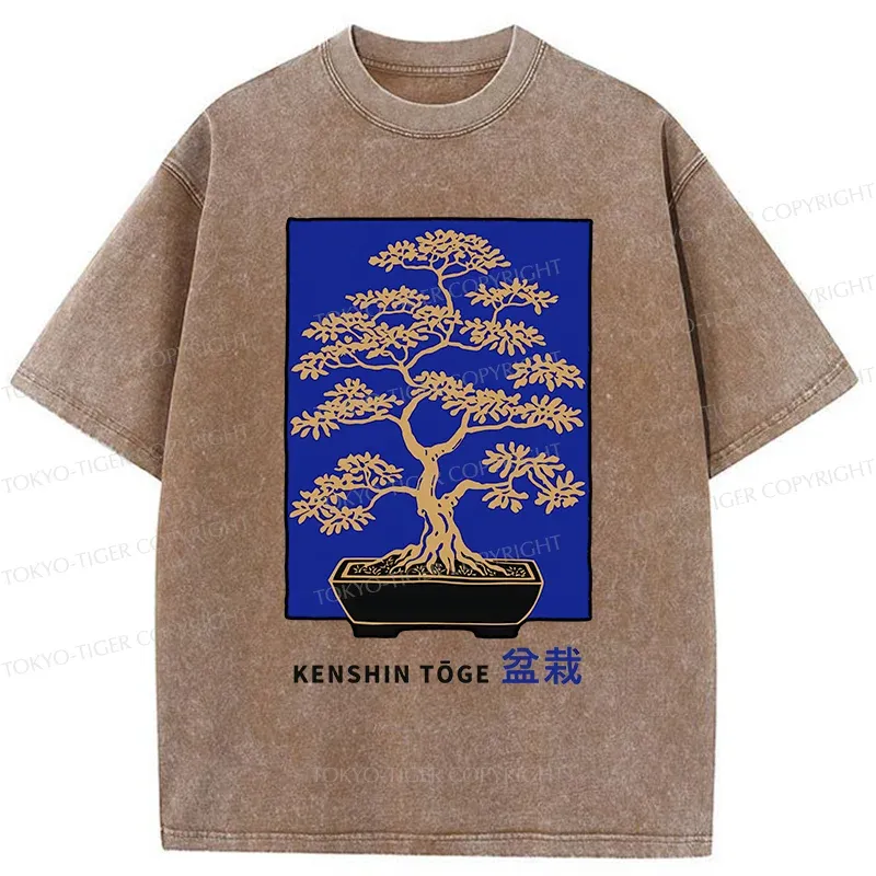 Tokyo-Tiger Japanese Bonsai Woodcut Washed T-Shirt