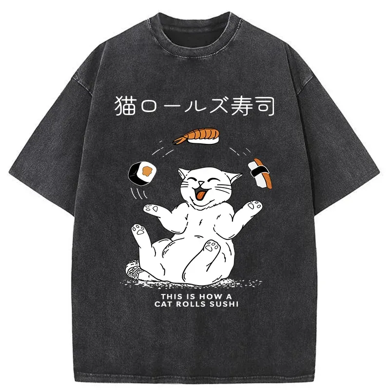 Tokyo-Tiger Funny Cat Rolls Sushi Washed T-Shirt