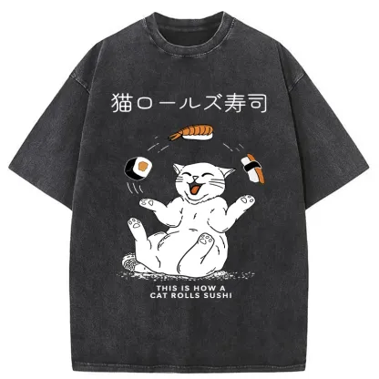 Tokyo-Tiger Funny Cat Rolls Sushi Washed T-Shirt