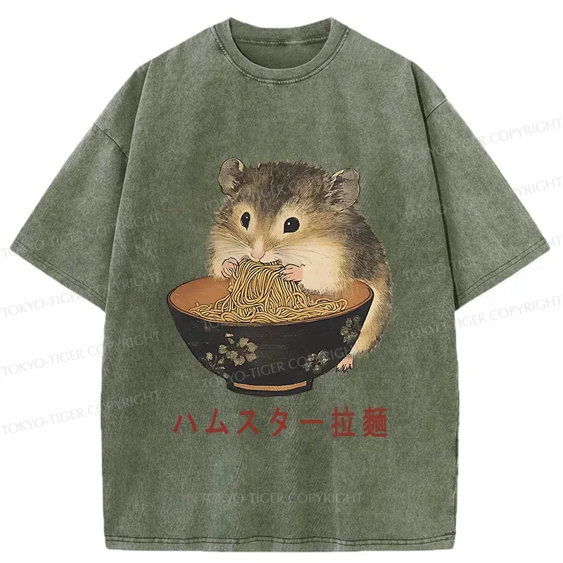 Tokyo-Tiger Hamster Eating Ramen Washed T-Shirt