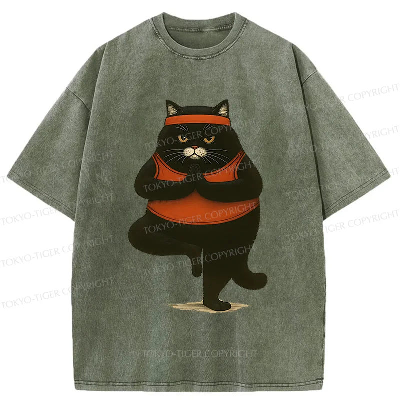 Tokyo-Tiger Black Cat Doing Yoga Washed T-Shirt
