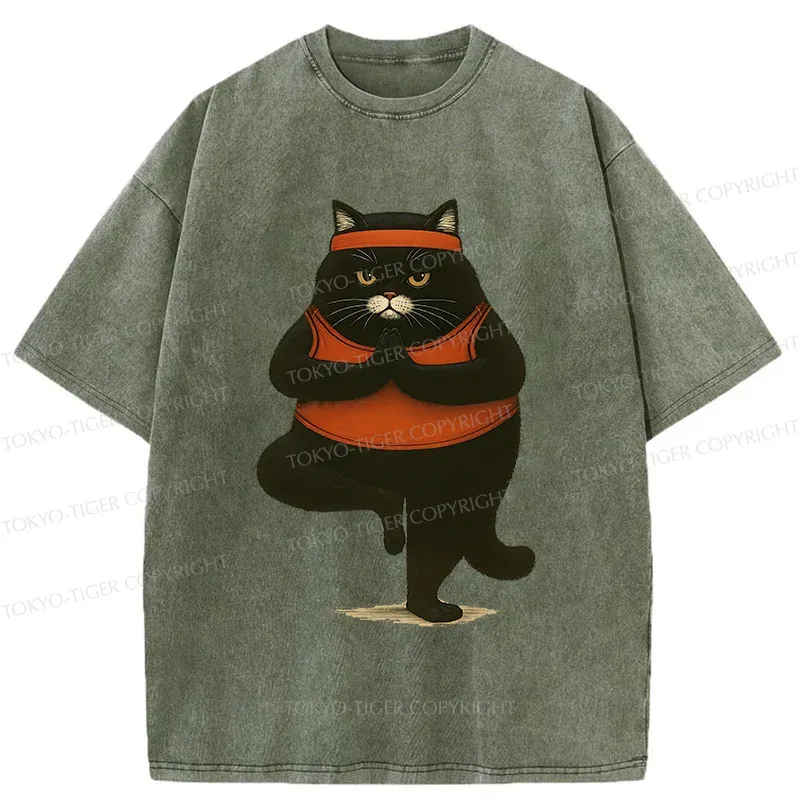 Tokyo-Tiger Black Cat Doing Yoga Washed T-Shirt