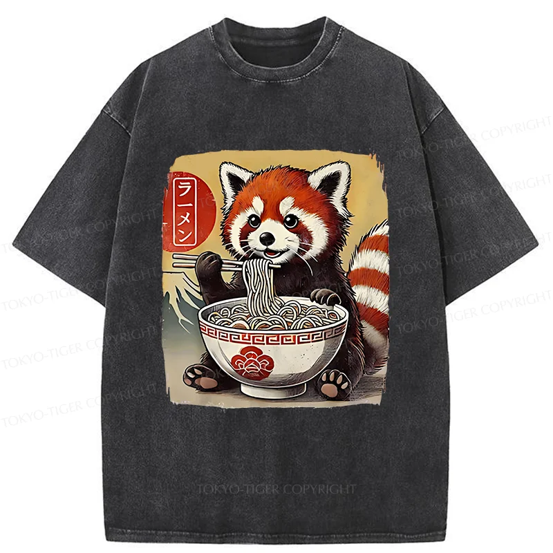Tokyo-Tiger Cute Raccoon Eating Ramen Washed T-Shirt