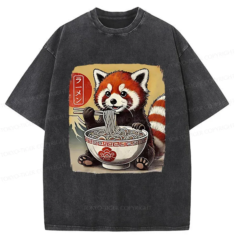 Tokyo-Tiger Cute Raccoon Eating Ramen Washed T-Shirt