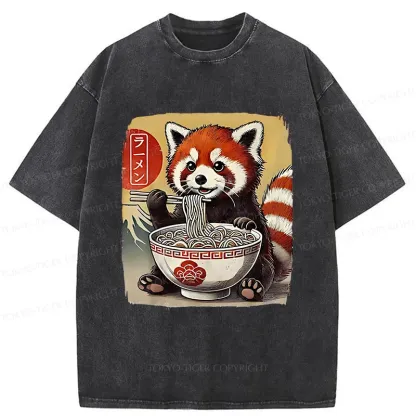 Tokyo-Tiger Cute Raccoon Eating Ramen Washed T-Shirt