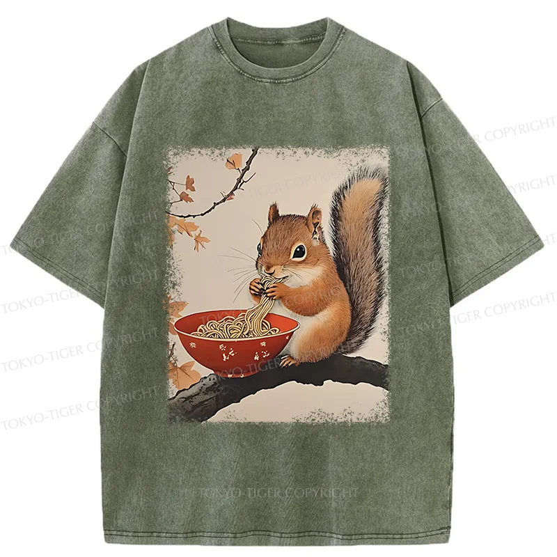 Tokyo-Tiger Squirrel Eating Ramen Washed T-Shirt