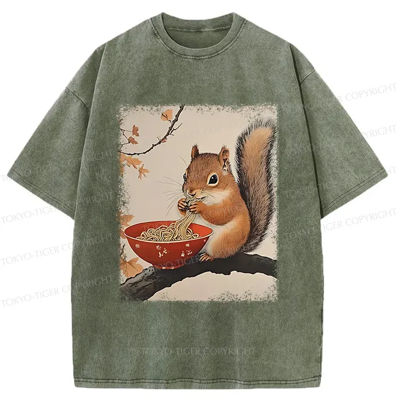 Tokyo-Tiger Squirrel Eating Ramen Washed T-Shirt