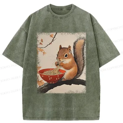Tokyo-Tiger Squirrel Eating Ramen Washed T-Shirt