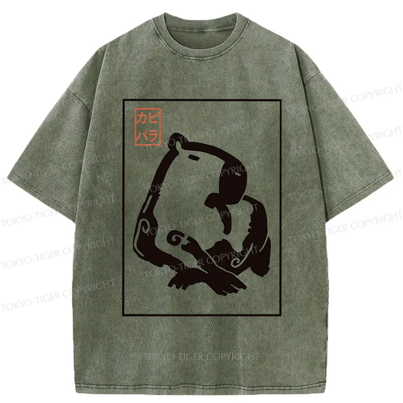 Tokyo-Tiger Woodblock Print Capybara Washed T-Shirt