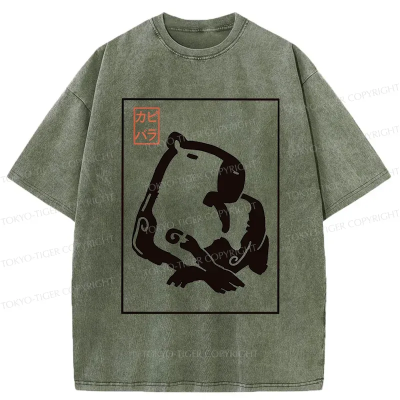 Tokyo-Tiger Woodblock Print Capybara Washed T-Shirt