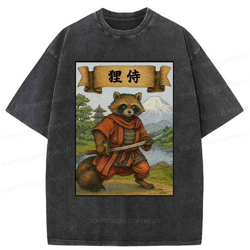 Tokyo-Tiger Raccoon Samurai Japan Washed T-Shirt