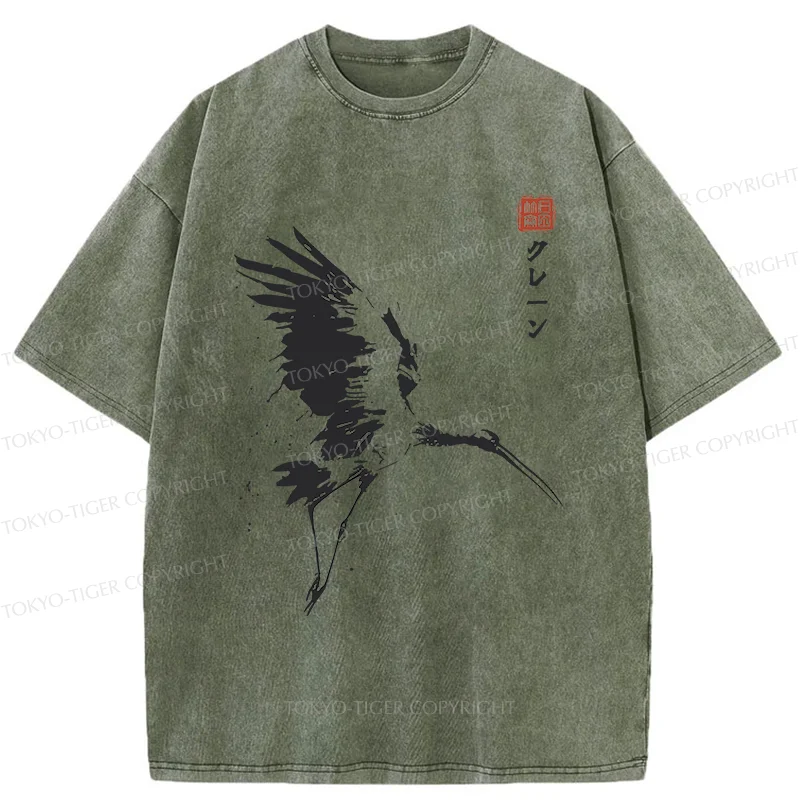 Tokyo-Tiger Japanese Crane Ink Painting Washed T-Shirt