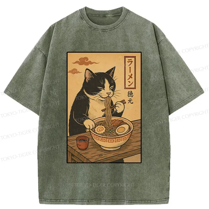 Tokyo-Tiger Tuxedo Cat Eats Ramen Washed T-Shirt