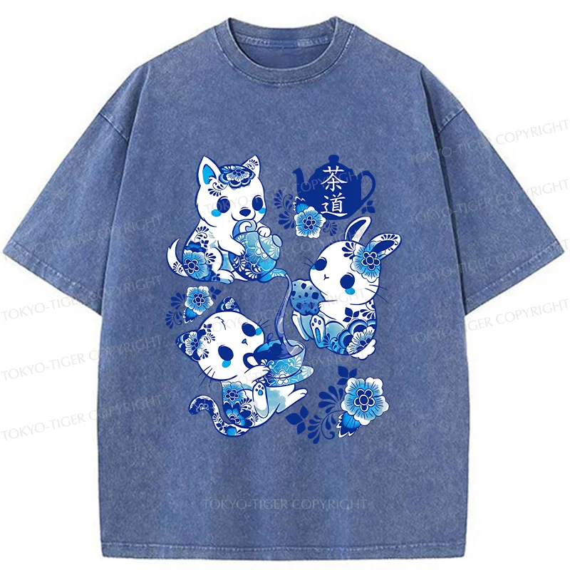 Tokyo-Tiger Blue And White Porcelain Washed T-Shirt