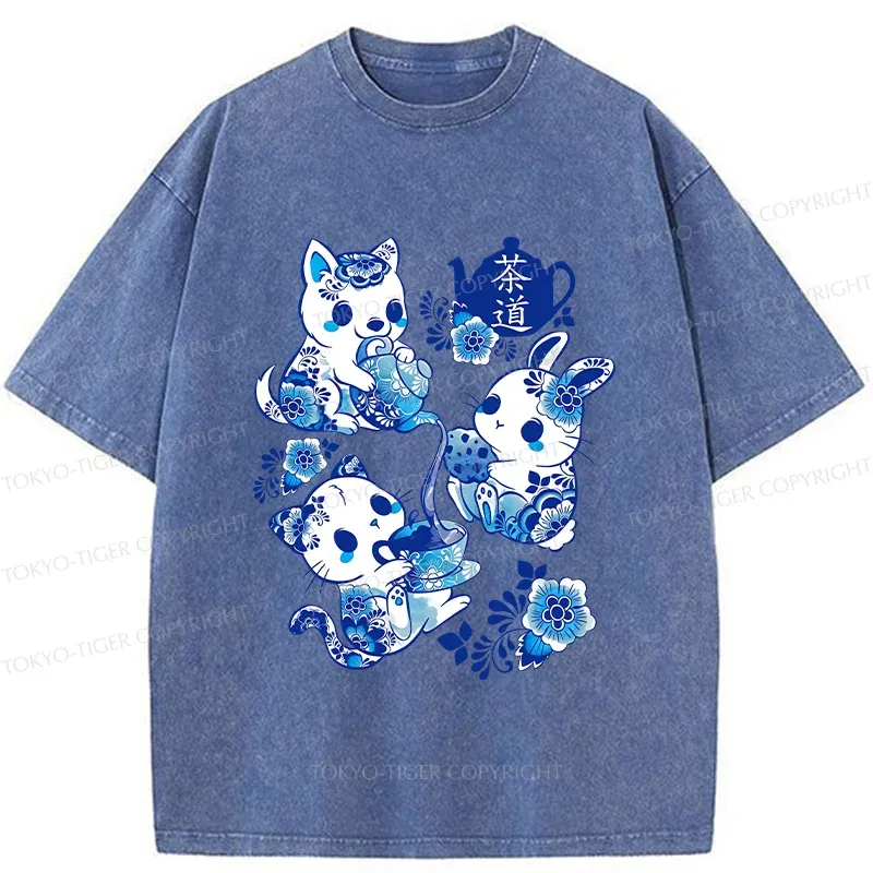 Tokyo-Tiger Blue And White Porcelain Washed T-Shirt