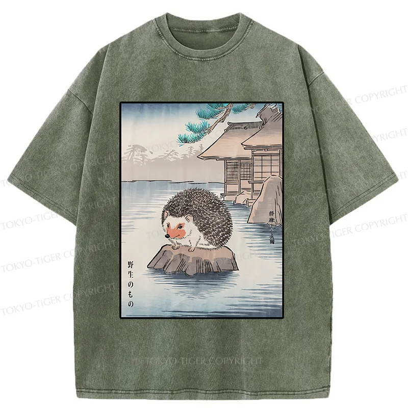 Tokyo-Tiger Hedgehog Taking A Hot Spring Bath Washed T-Shirt