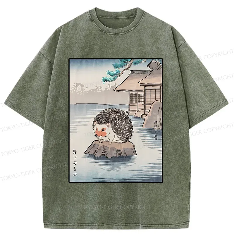 Tokyo-Tiger Hedgehog Taking A Hot Spring Bath Washed T-Shirt Sale