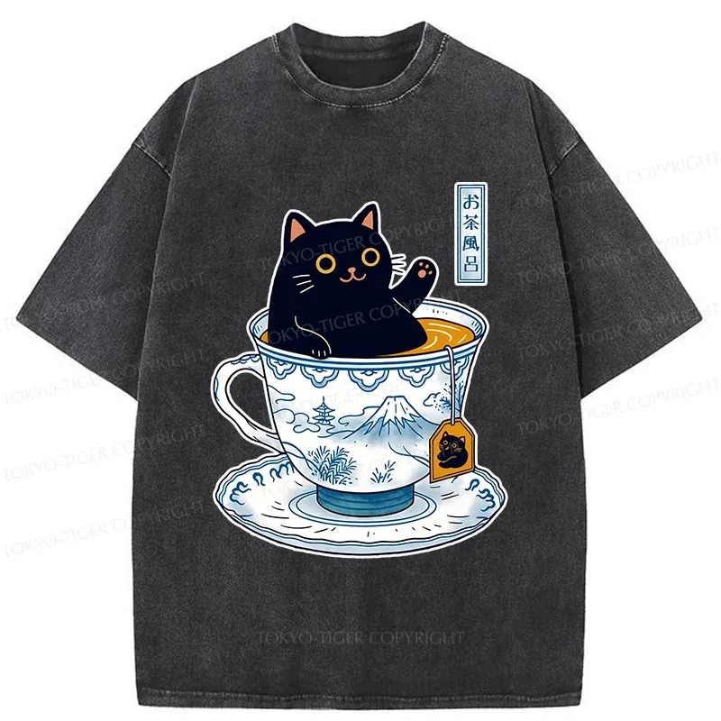 Tokyo-Tiger Cat In Teacup Washed T-Shirt