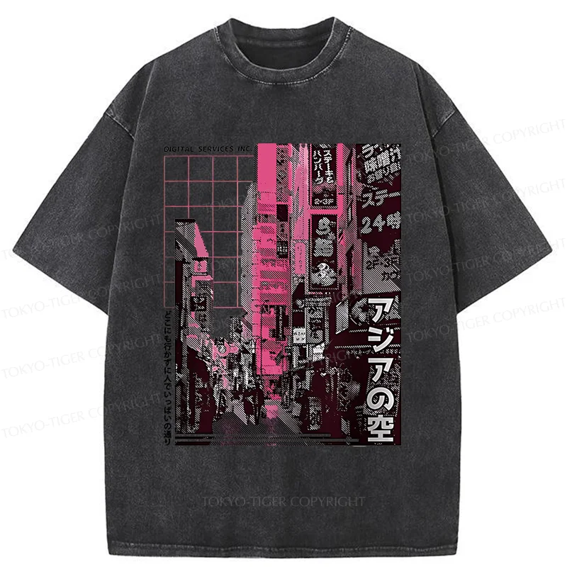 Tokyo-Tiger Tokyo Street Scene Washed T-Shirt