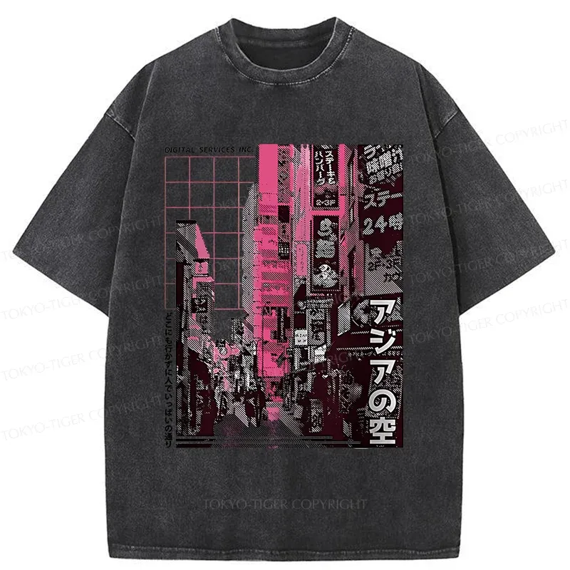 Tokyo-Tiger Tokyo Street Scene Washed T-Shirt