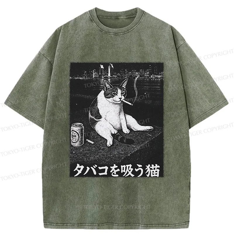 Tokyo-Tiger Smoking Cat Funny Washed T-Shirt