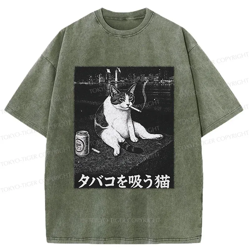 Tokyo-Tiger Smoking Cat Funny Washed T-Shirt
