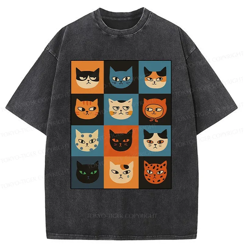 Tokyo-Tiger Cat Stamps Washed T-Shirt