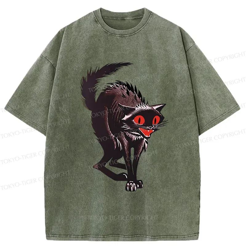 Tokyo-Tiger Halloween Scary Black Cat Washed T-Shirt