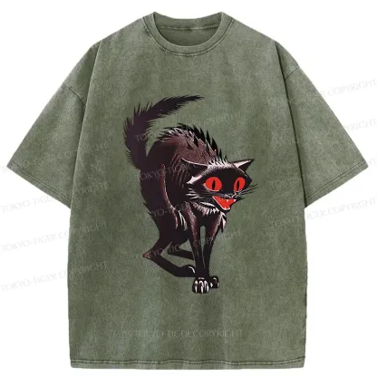 Tokyo-Tiger Halloween Scary Black Cat Washed T-Shirt