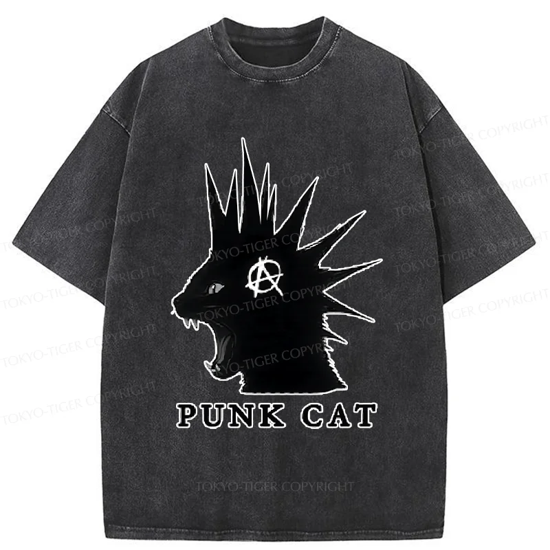 Tokyo-Tiger Punk Cat Funny Washed T-Shirt