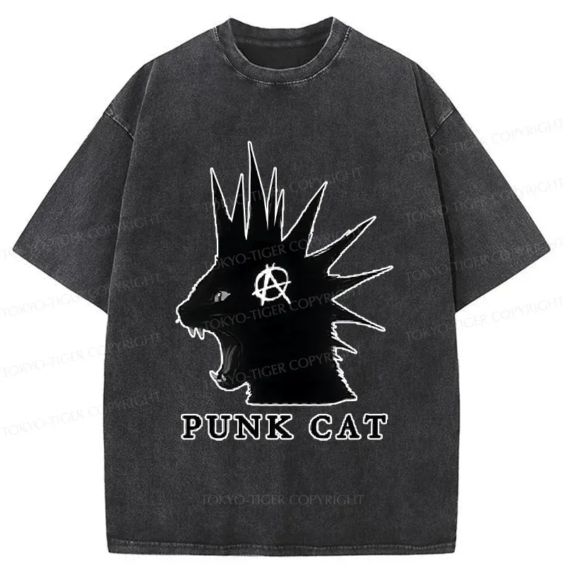 Tokyo-Tiger Punk Cat Funny Washed T-Shirt