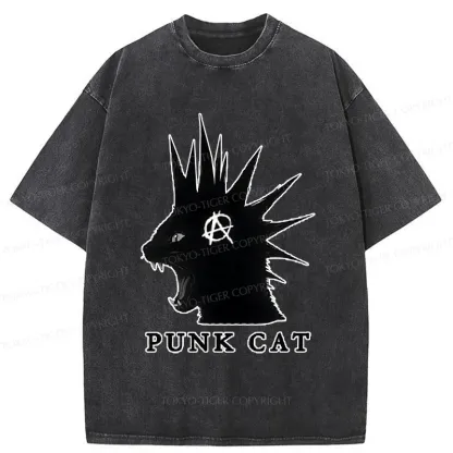 Tokyo-Tiger Punk Cat Funny Washed T-Shirt
