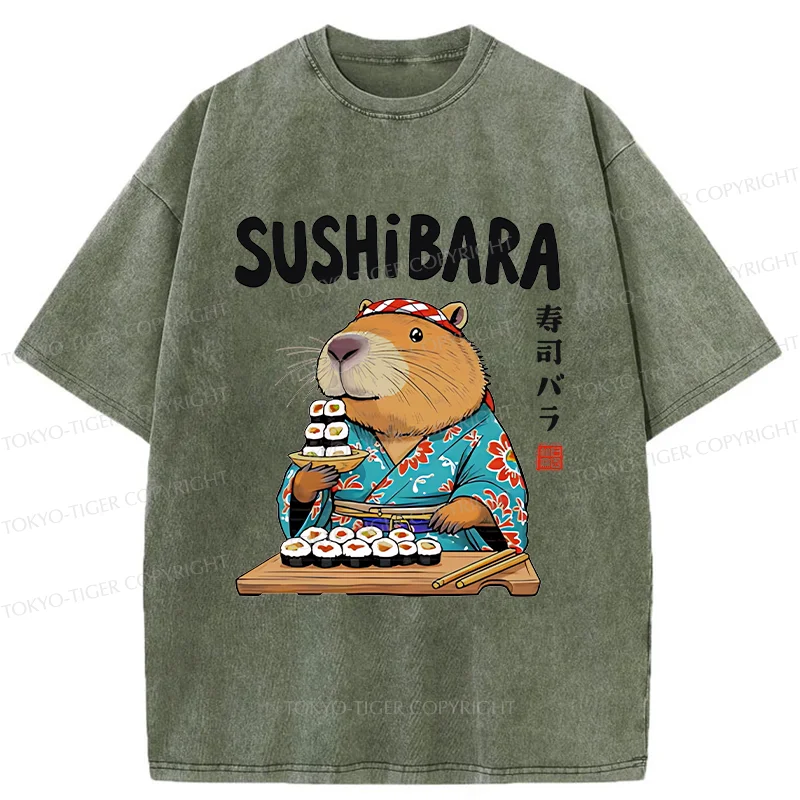 Tokyo-Tiger Capybara Sushi Chef Washed T-Shirt