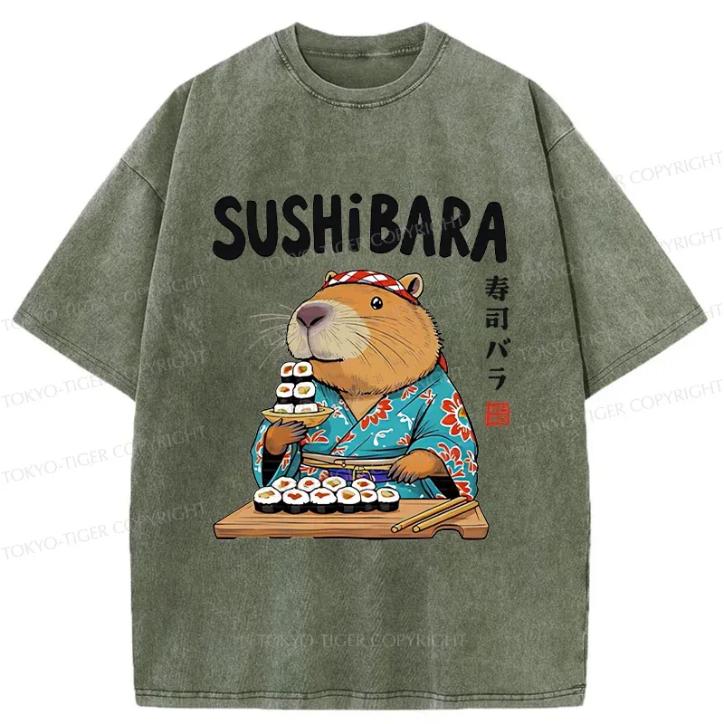 Tokyo-Tiger Capybara Sushi Chef Washed T-Shirt