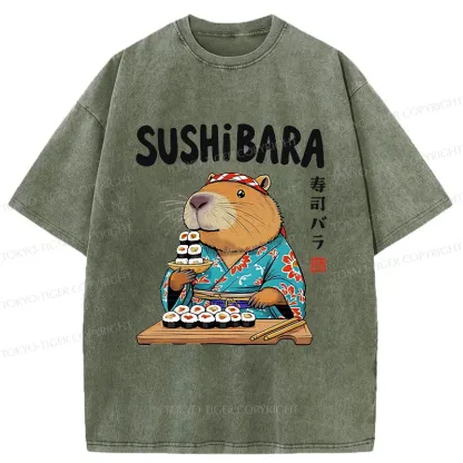 Tokyo-Tiger Capybara Sushi Chef Washed T-Shirt