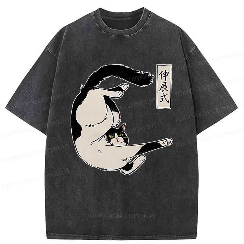 Tokyo-Tiger Supine Cat Stretch Washed T-Shirt