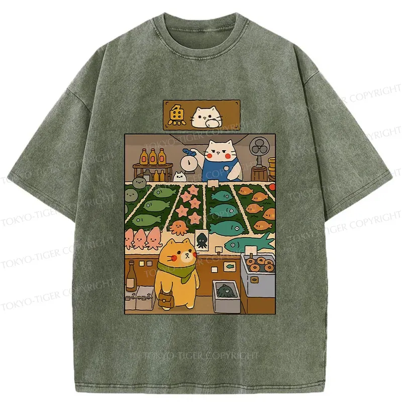Tokyo-Tiger Cat's Fish Market Washed T-Shirt