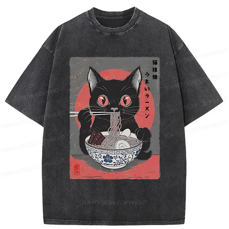 Tokyo-Tiger Black Cat Eating Delicious Ramen Washed T-Shirt