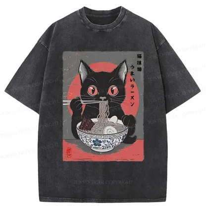 Tokyo-Tiger Black Cat Eating Delicious Ramen Washed T-Shirt