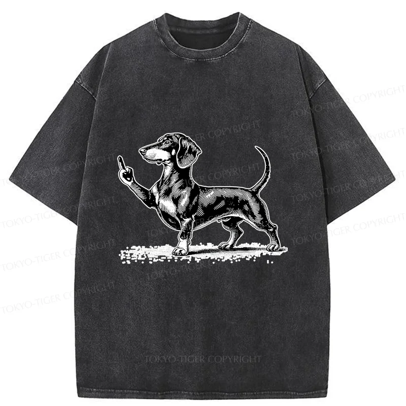 Tokyo-Tiger Dachshund Showing Middle Finger Washed T-Shirt