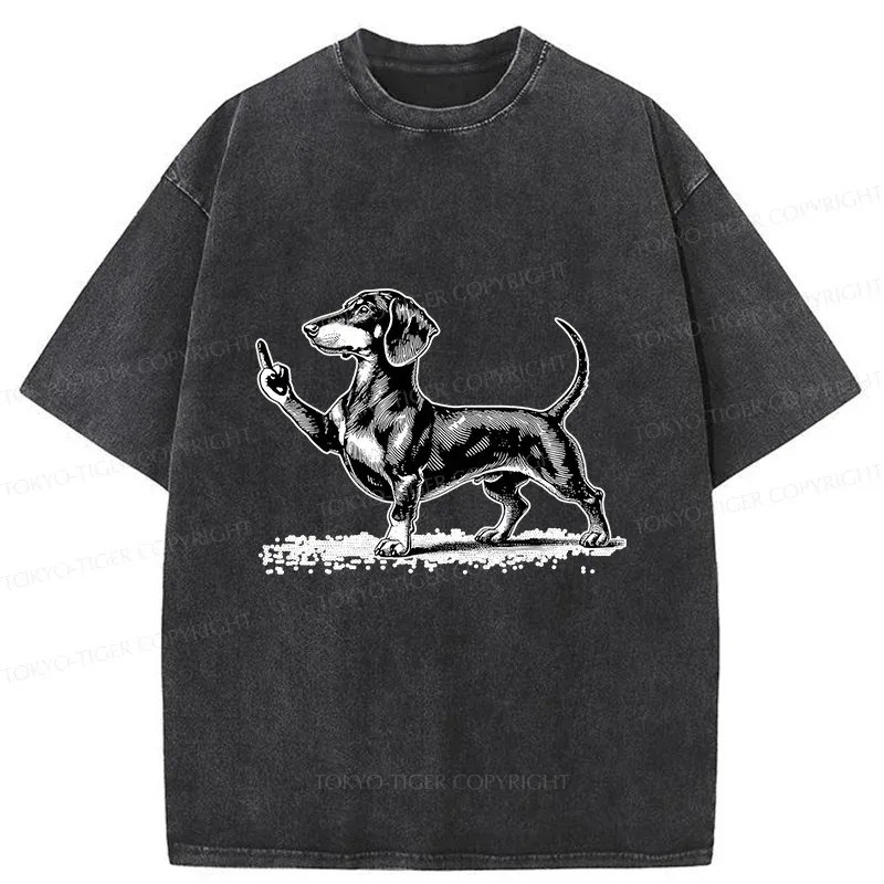 Tokyo-Tiger Dachshund Showing Middle Finger Washed T-Shirt Sale