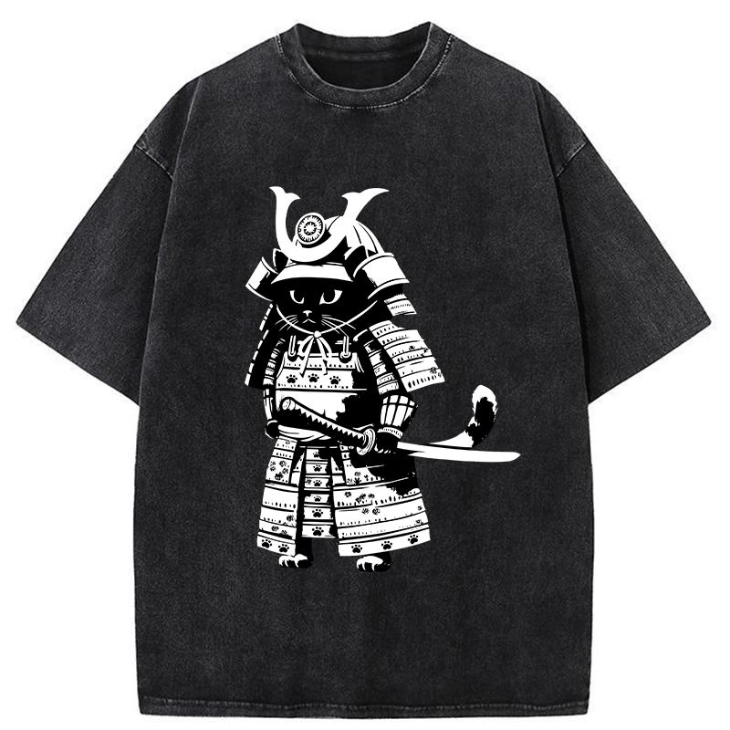 Tokyo-Tiger Japanese Samurai Black Cat Washed T-Shirt