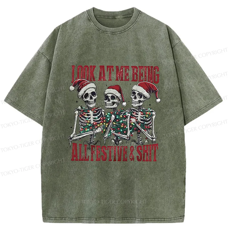 Tokyo-Tiger Funny Christmas Skull Washed T-Shirt