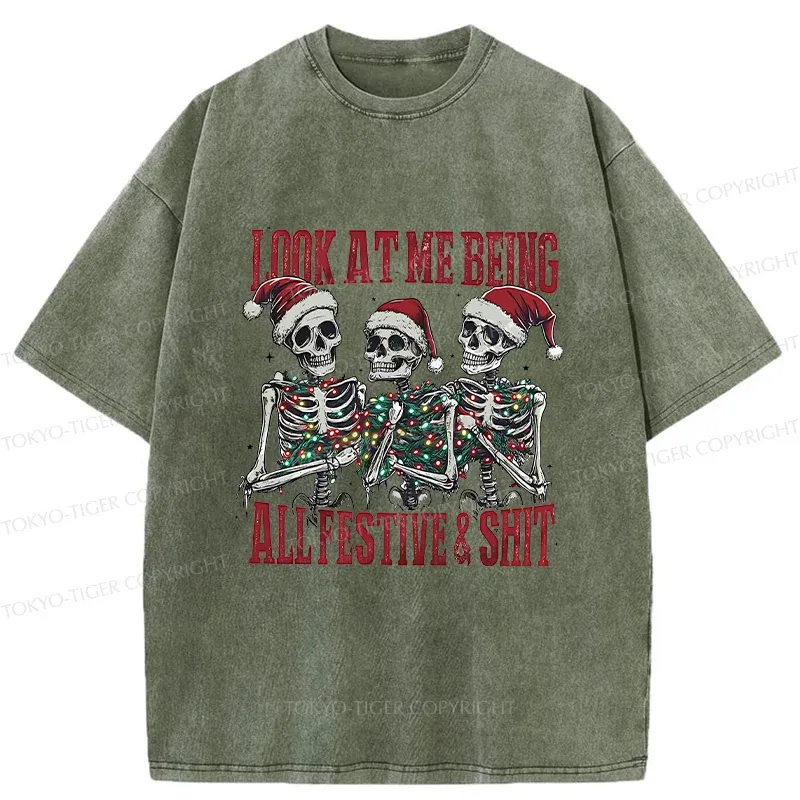 Tokyo-Tiger Funny Christmas Skull Washed T-Shirt