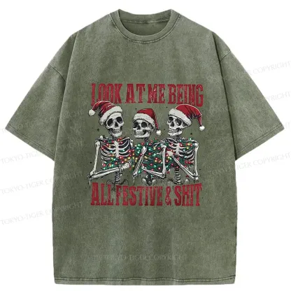 Tokyo-Tiger Funny Christmas Skull Washed T-Shirt