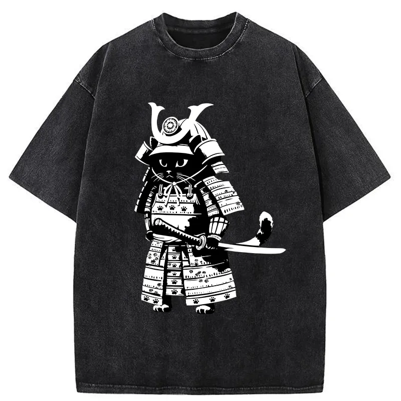 Tokyo-Tiger Japanese Samurai Black Cat Washed T-Shirt