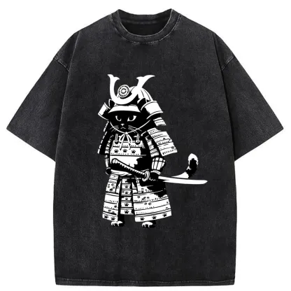 Tokyo-Tiger Japanese Samurai Black Cat Washed T-Shirt