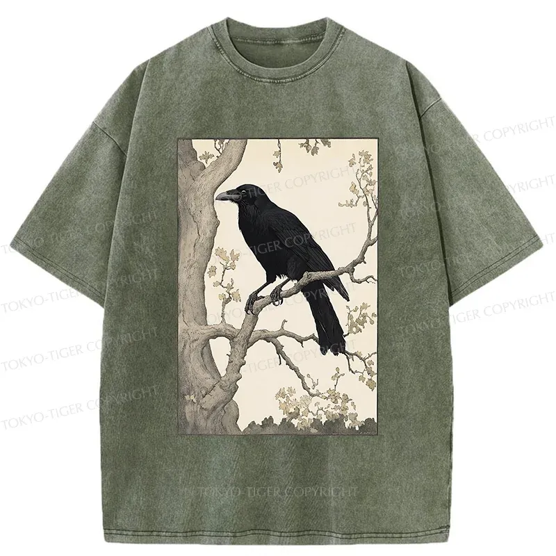 Tokyo-Tiger Ancient Painting Of Crow Washed T-Shirt